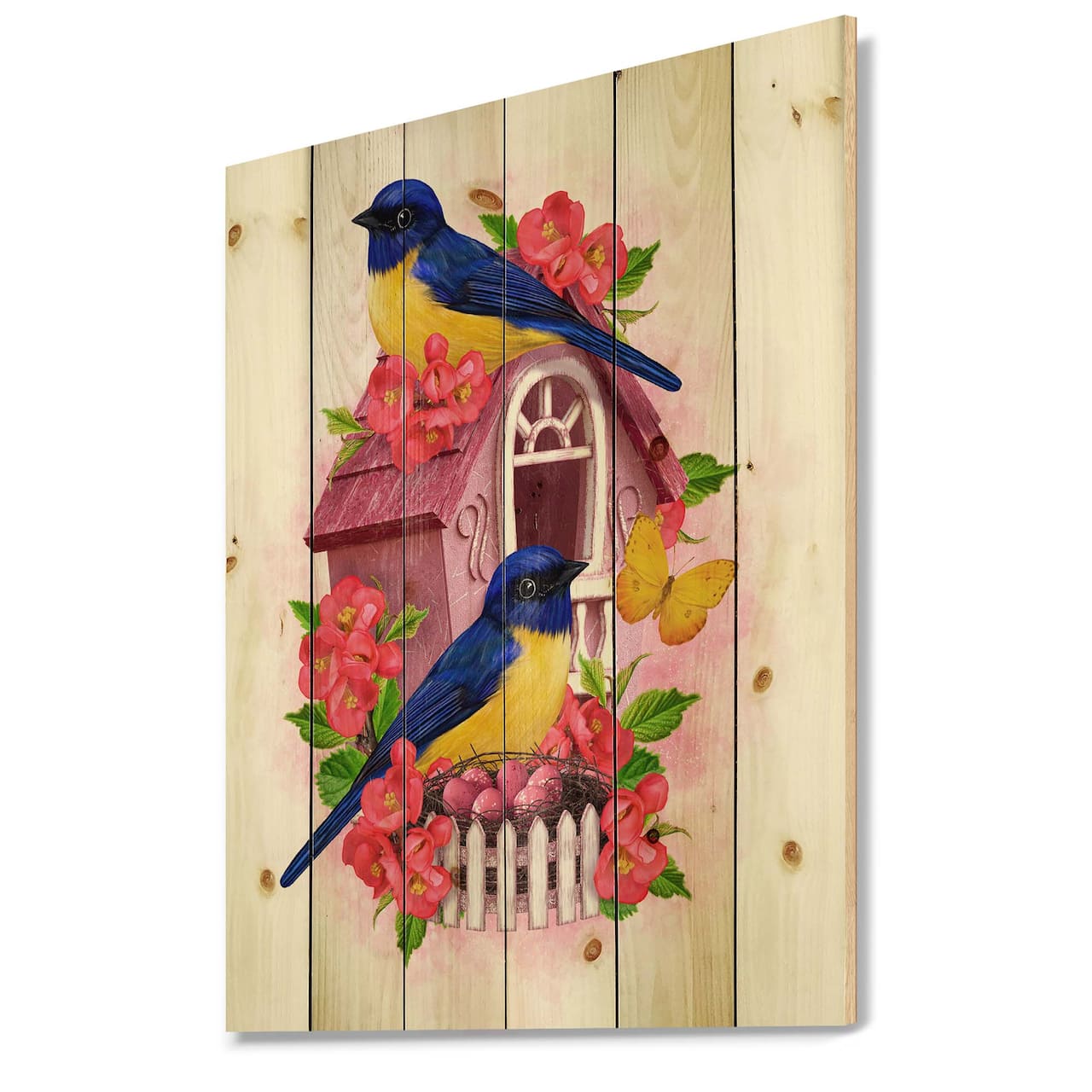 Designart - Two Blue & Yellow Tit Birds Sitting Near The Nest - Traditional Print on Natural Pine Wood